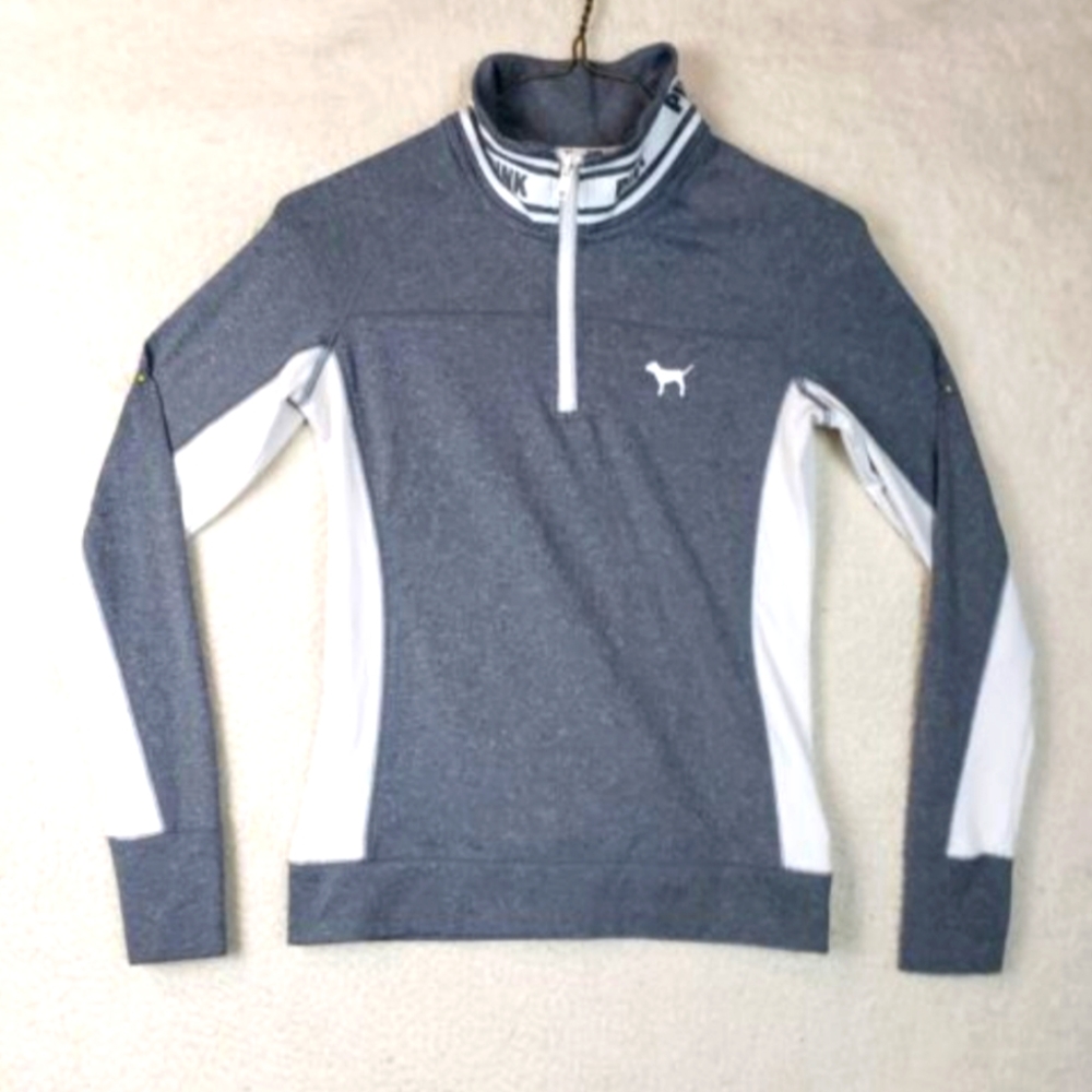 Victorias Secret PINK Gray White Varsity Running Jacket Top Medium 1/4 Zip Up